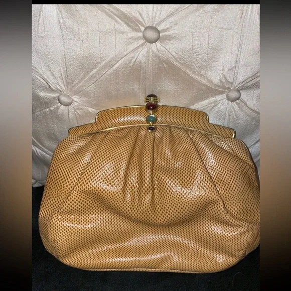 Judith Lieber camel color reptile skin clutch - Picture 3 of 6